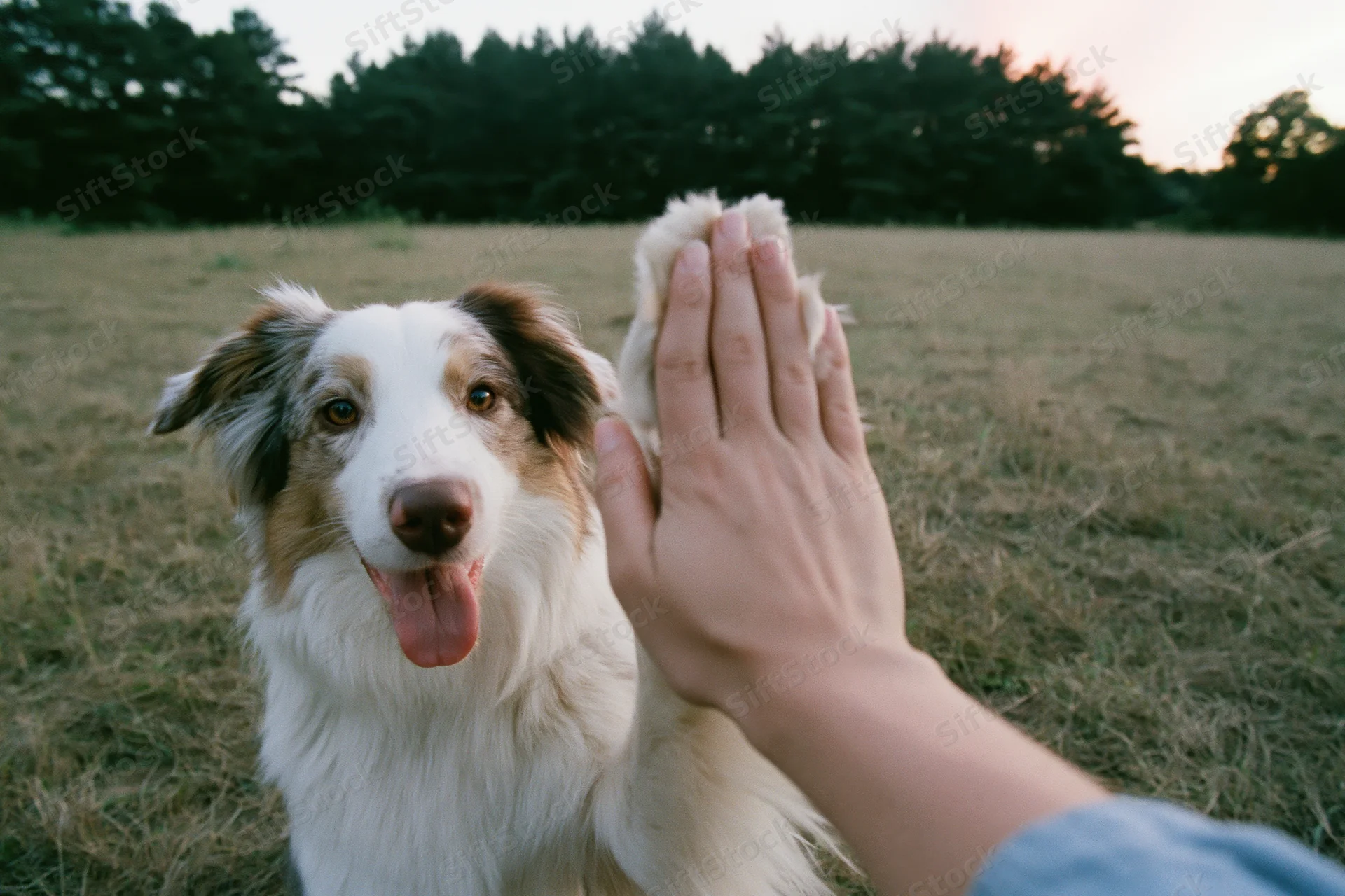 Border collie giving high five with human hand in grassy field at sunset