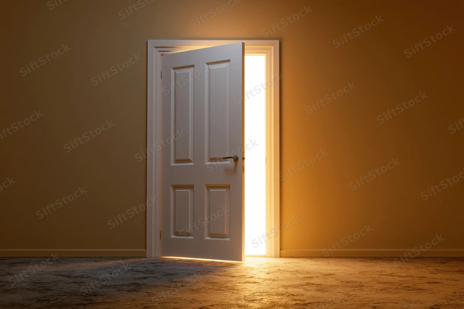 White interior door slightly ajar in empty room with bright light streaming through