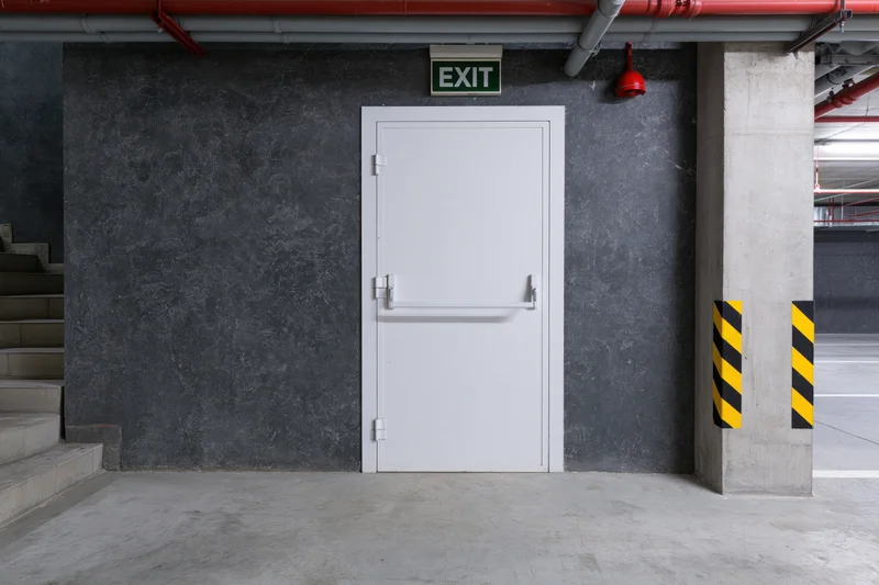 White metal fire exit door with push bar in commercial building interior