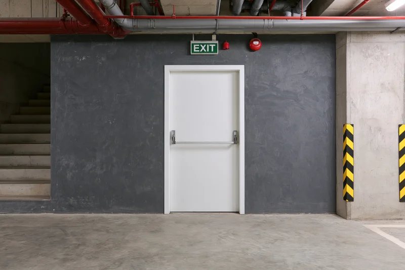 White metal fire exit door with push bar in a commercial building hallway