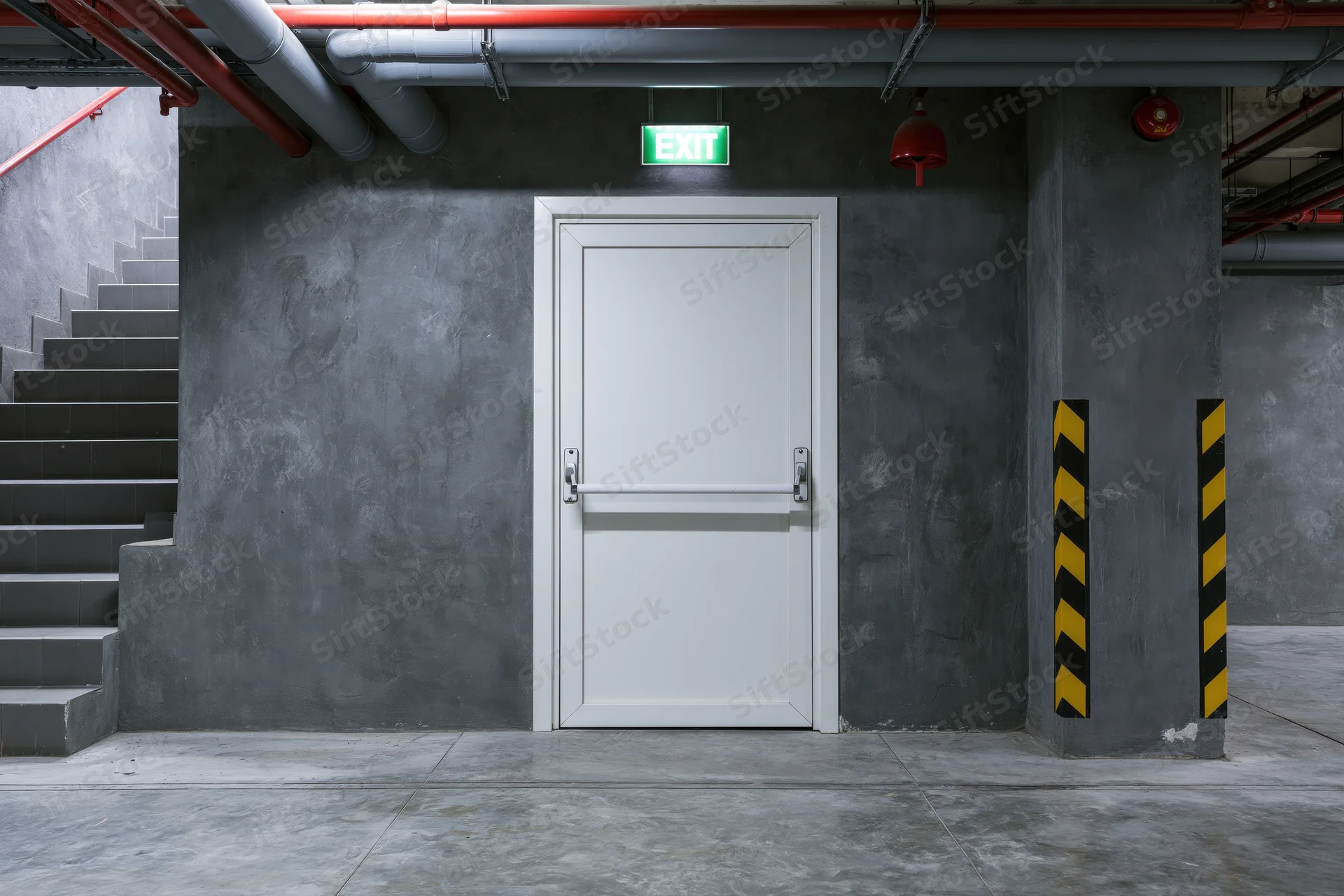 White metal fire exit door with push bar in a commercial building interior