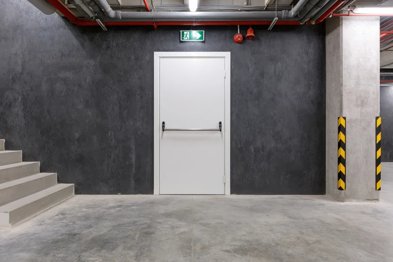 White fire exit door with push bar in a commercial building interior