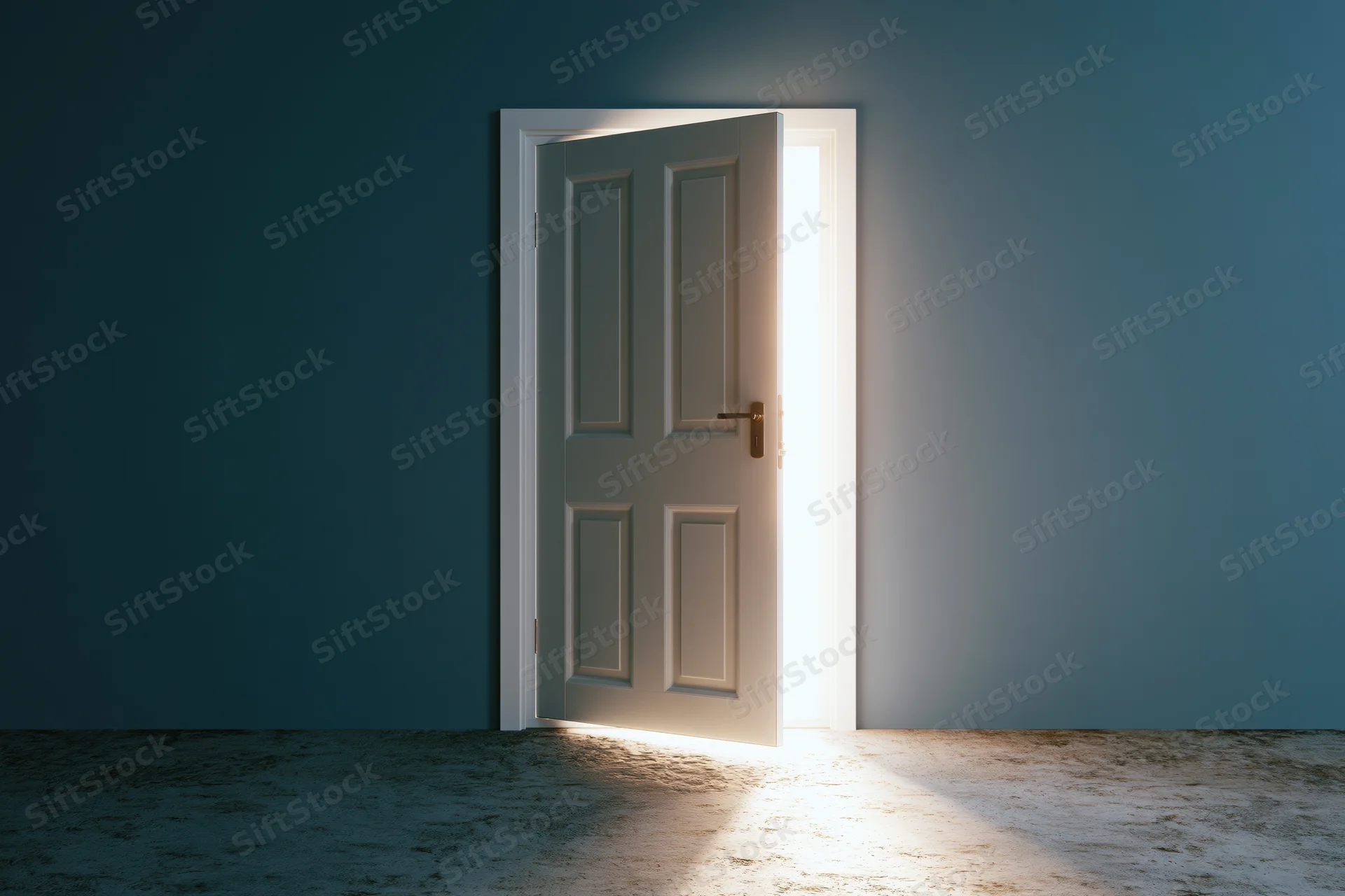 White paneled door open in empty room with bright light streaming through doorway