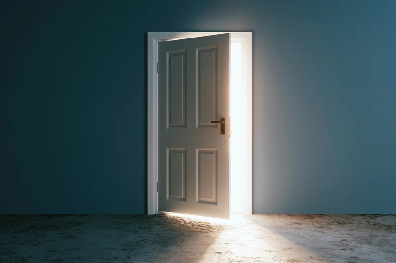 White paneled door open in empty room with bright light streaming through doorway