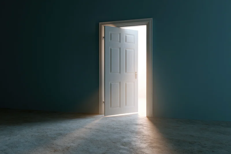 White paneled door open in empty room letting in bright light