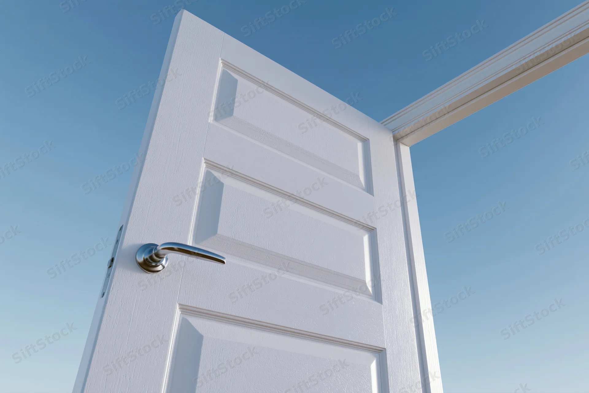 White paneled door with silver lever handle swinging open against blue sky