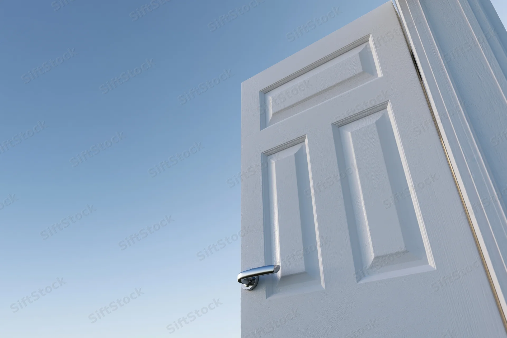 White paneled door with silver lever handle swinging open against blue sky
