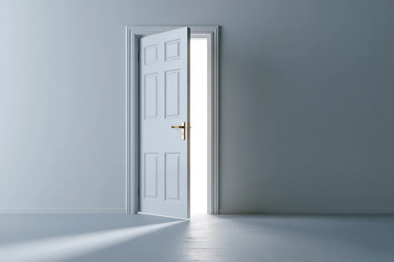 White paneled interior door open in empty room letting in bright light