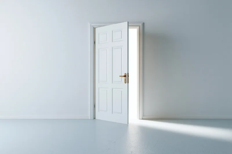 Open white paneled door in empty room letting in bright light