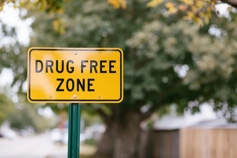 Yellow drug free zone sign mounted on a green post in a leafy outdoor area