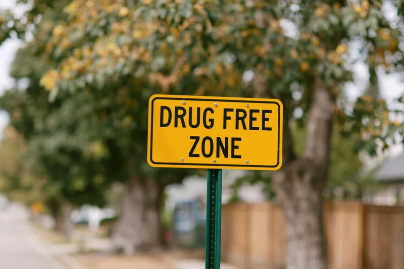 Yellow drug free zone sign on a post in a residential neighborhood with trees and foliage in the background