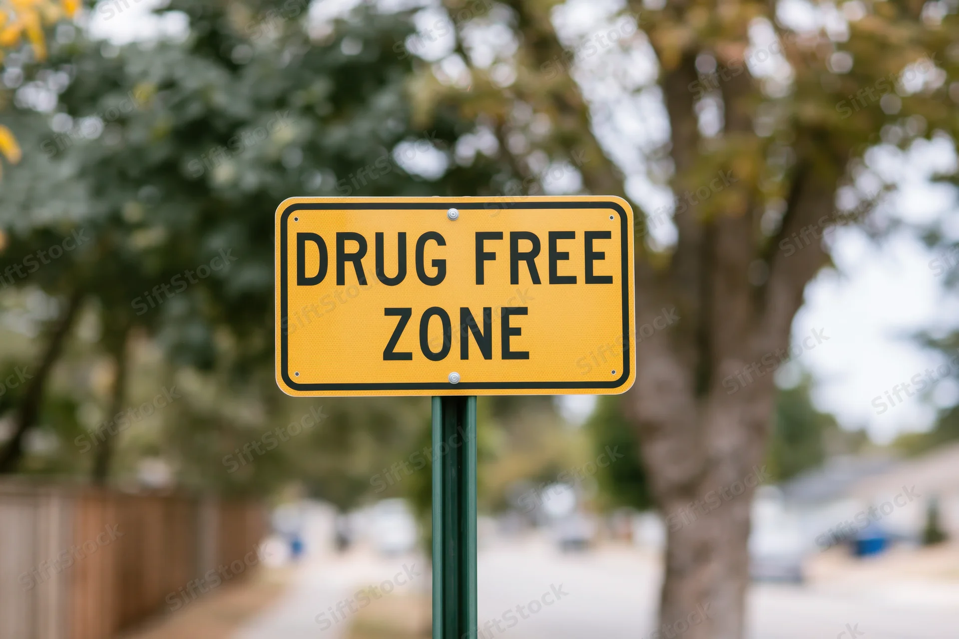Yellow drug free zone sign mounted on a metal post in a residential neighborhood with trees and foliage in the background