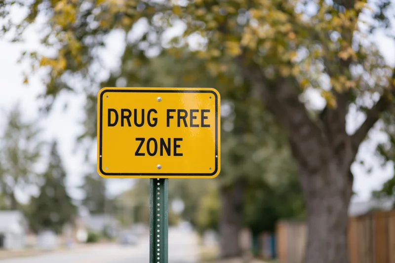 Yellow drug free zone sign mounted on a metal post in a residential neighborhood with trees in the background