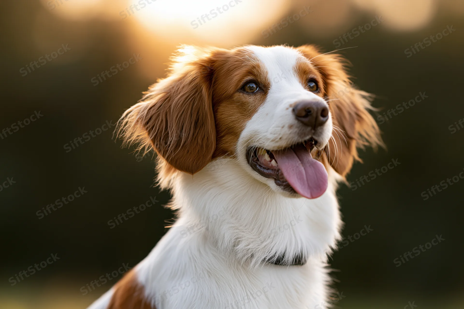 Young kooikerhondje dog panting with tongue out in golden hour outdoor light
