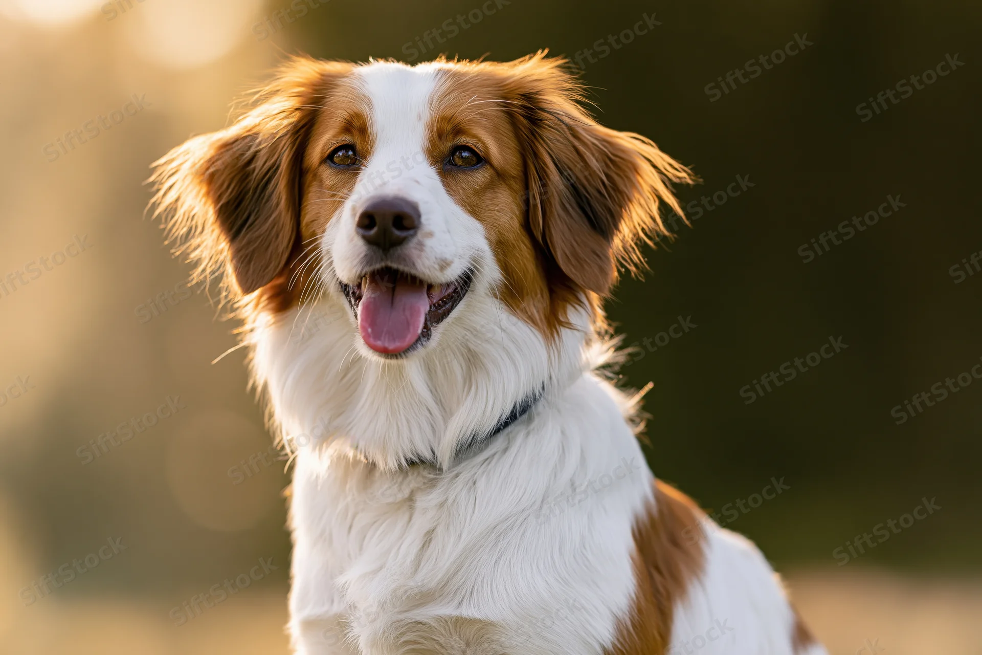 Young kooikerhondje dog sitting with mouth open and tongue out in natural sunlight