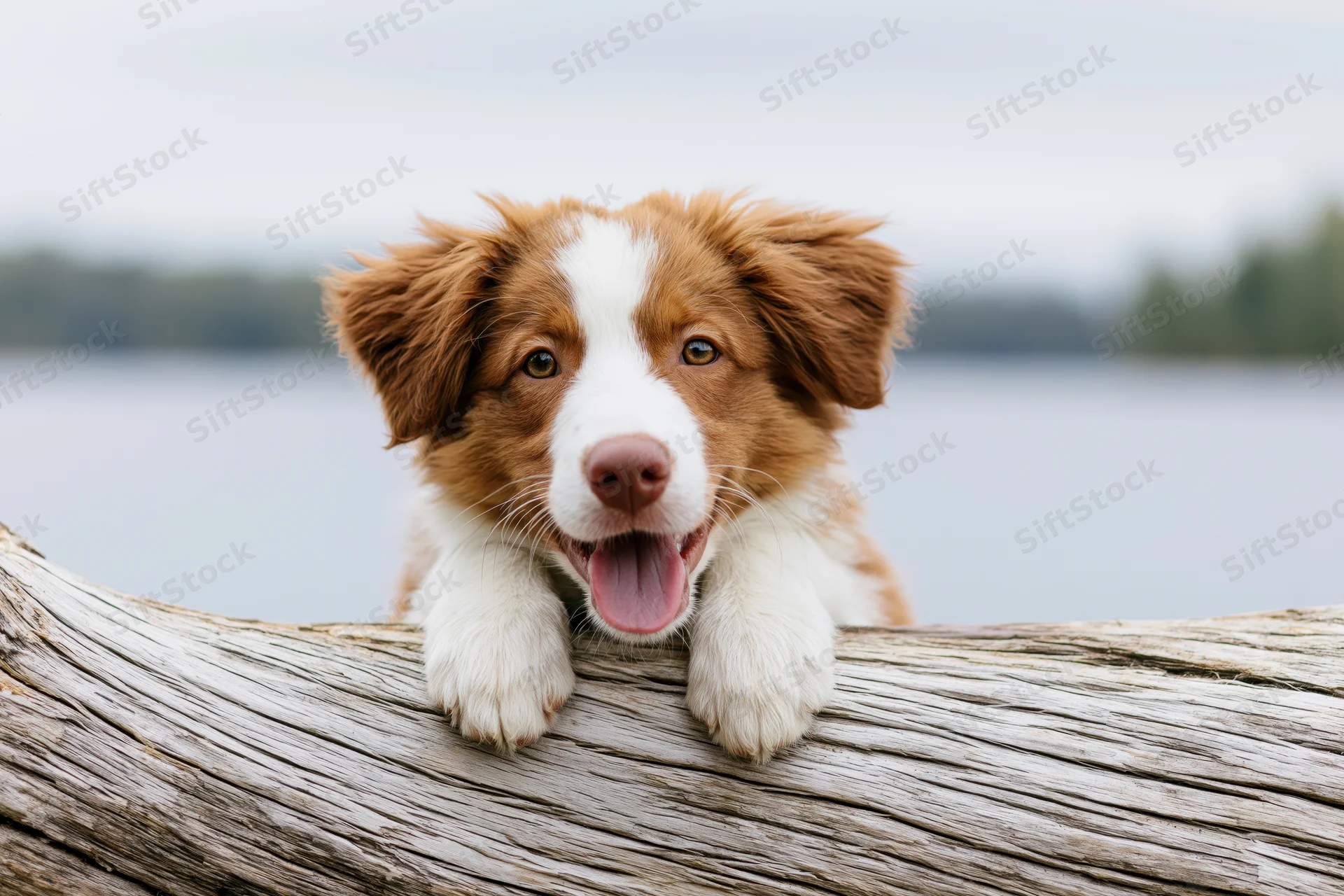 Young red and white border collie puppy resting chin on weathered log by lake
