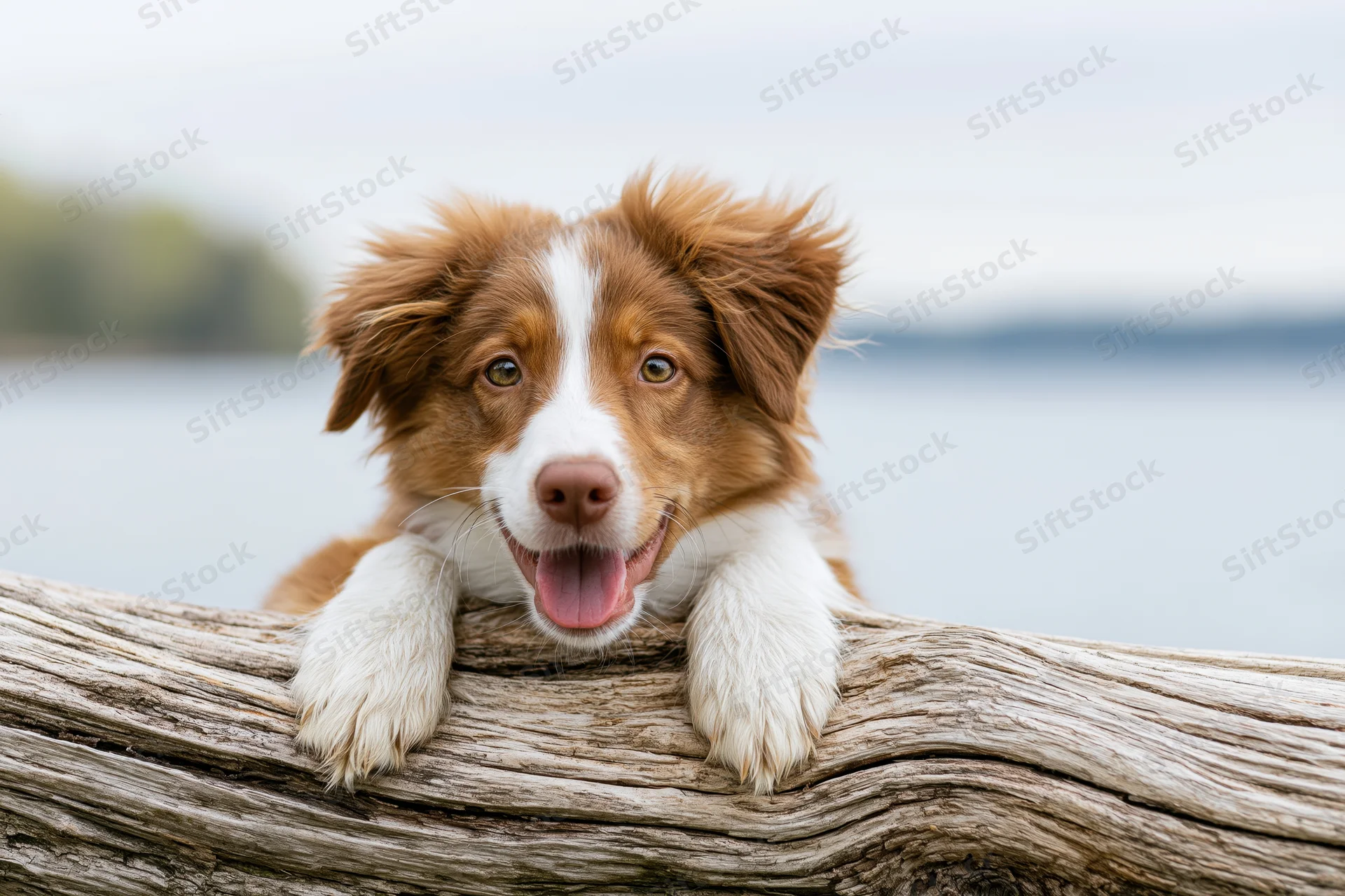 Young red and white border collie puppy resting chin on weathered log by lake