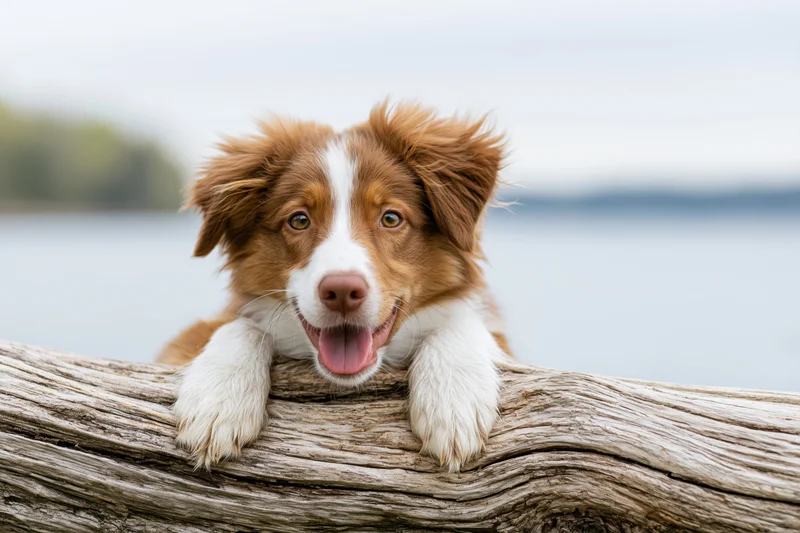 Young red and white border collie puppy resting chin on weathered log by lake