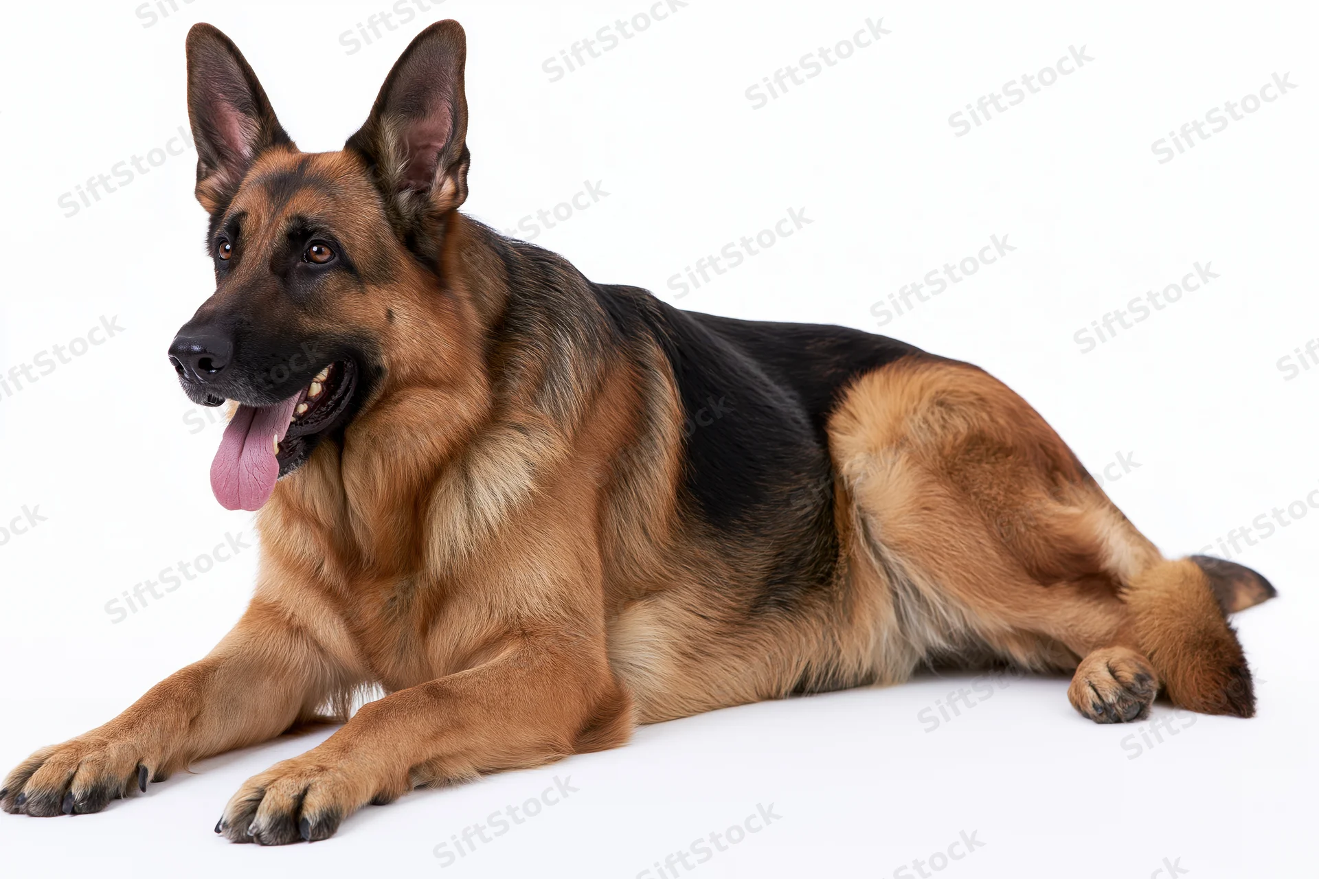 German shepherd dog lying down with front paws extended on white background
