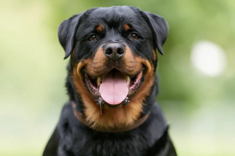 Rottweiler with open mouth and tongue out facing camera in outdoor setting