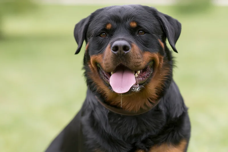 Rottweiler panting with tongue out facing camera in grassy outdoor setting
