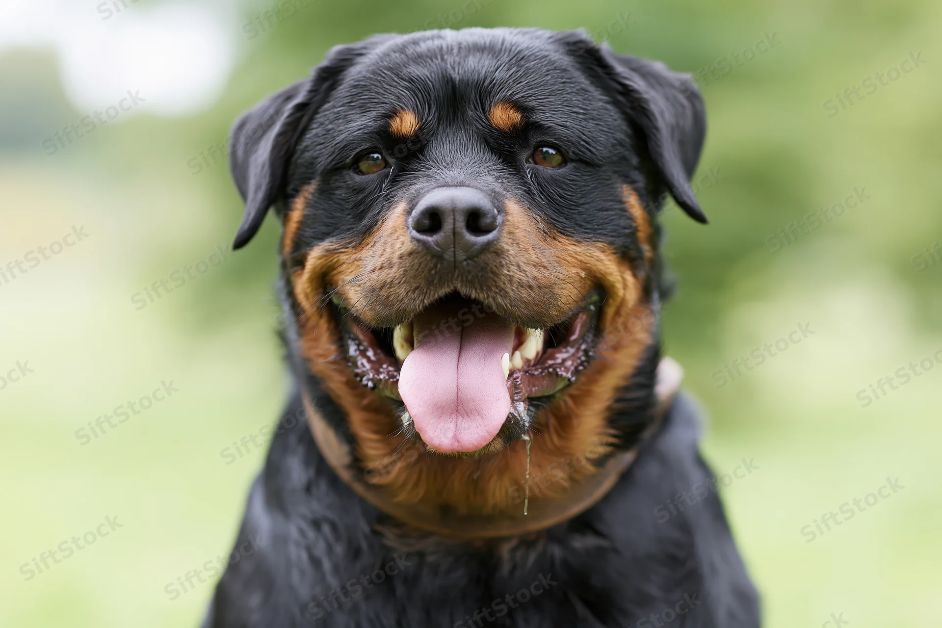 Rottweiler with open mouth and tongue out facing camera in outdoor setting