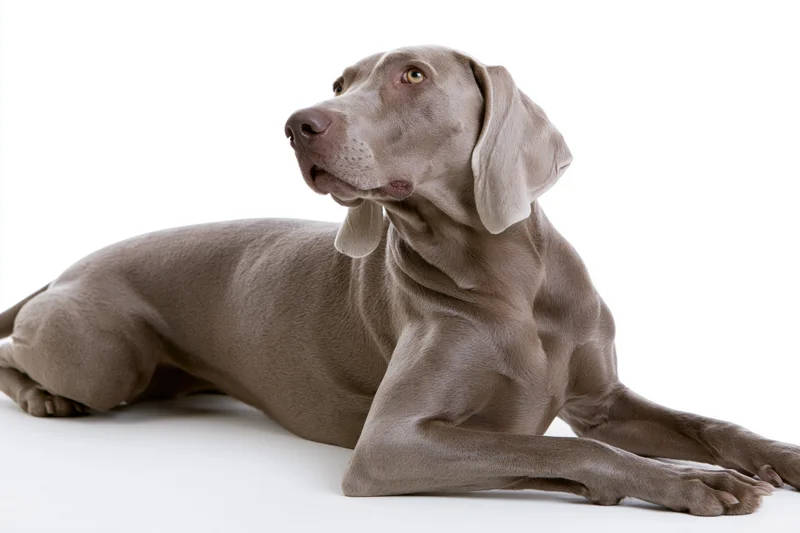 Weimaraner dog lying down with front legs extended and head raised on white background