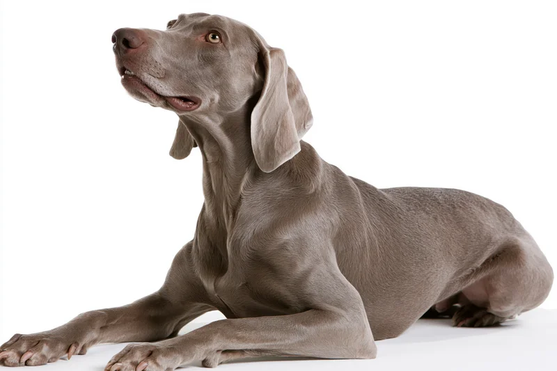 Weimaraner dog lying down with front legs extended and head raised on white background