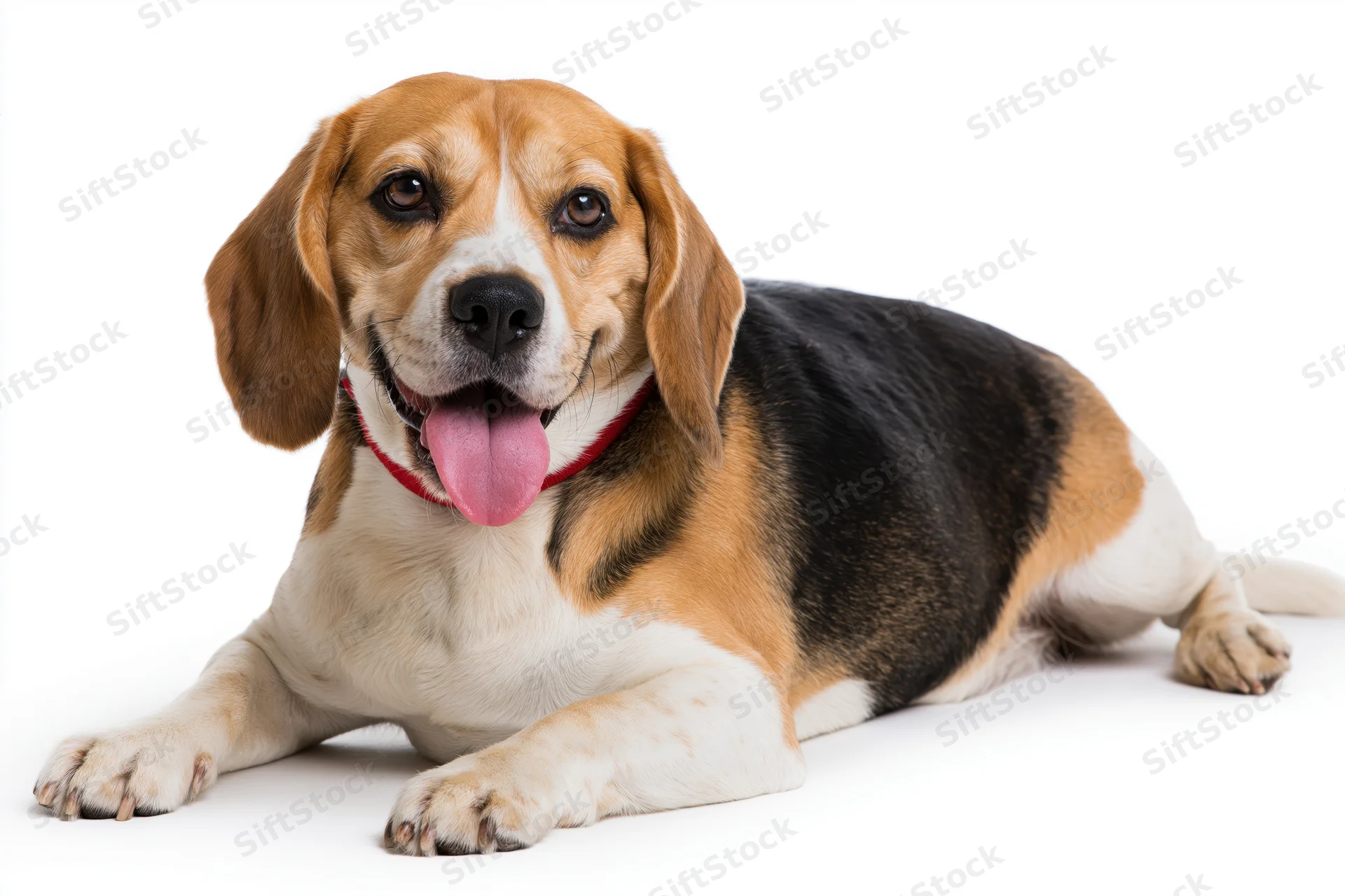 Beagle dog lying down with tongue out on white background