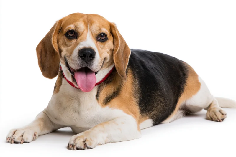 Beagle dog lying down with tongue out on white background
