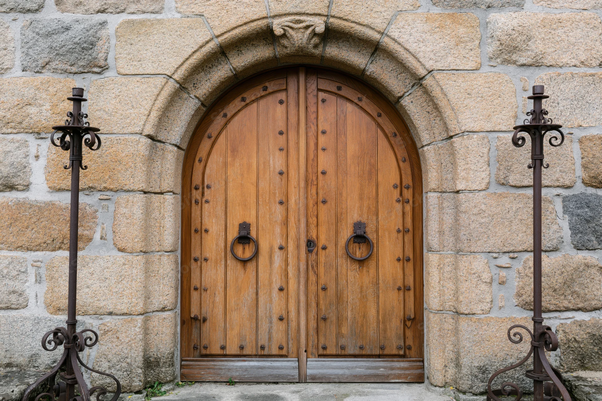 Arched wooden double door with iron ring handles set in a stone wall