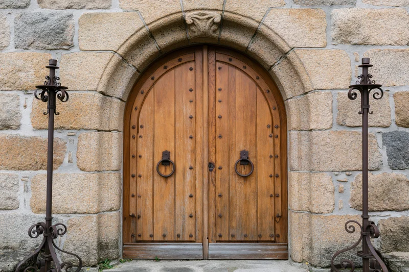 Arched wooden double door with iron ring handles set in a stone wall