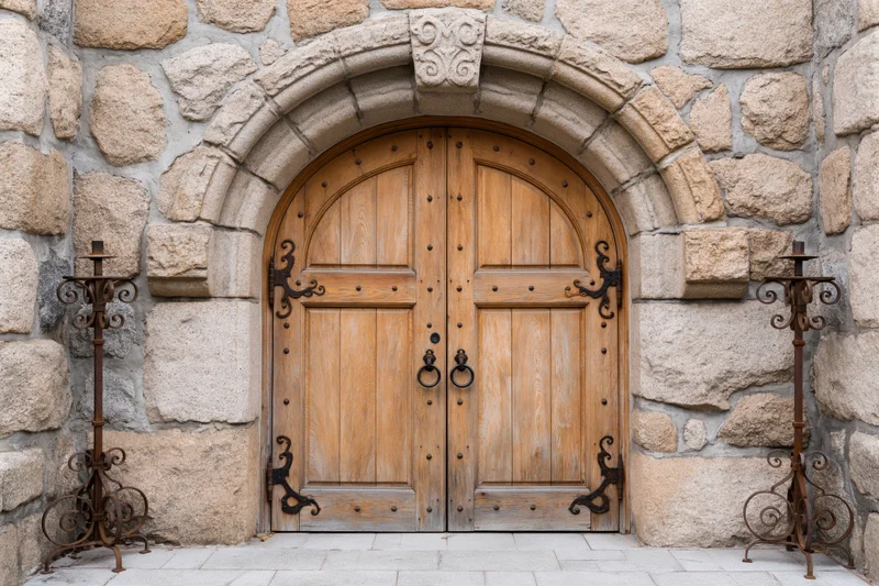 Arched wooden double door with iron ring handles set in a stone wall entrance