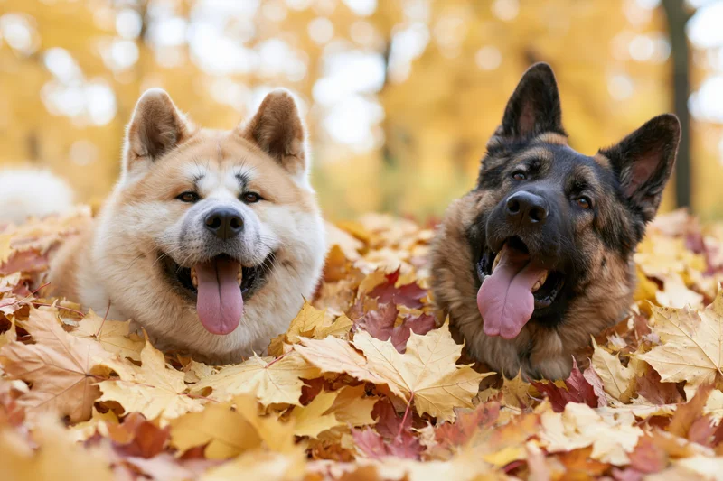 Two dogs lying in a pile of autumn leaves in a park