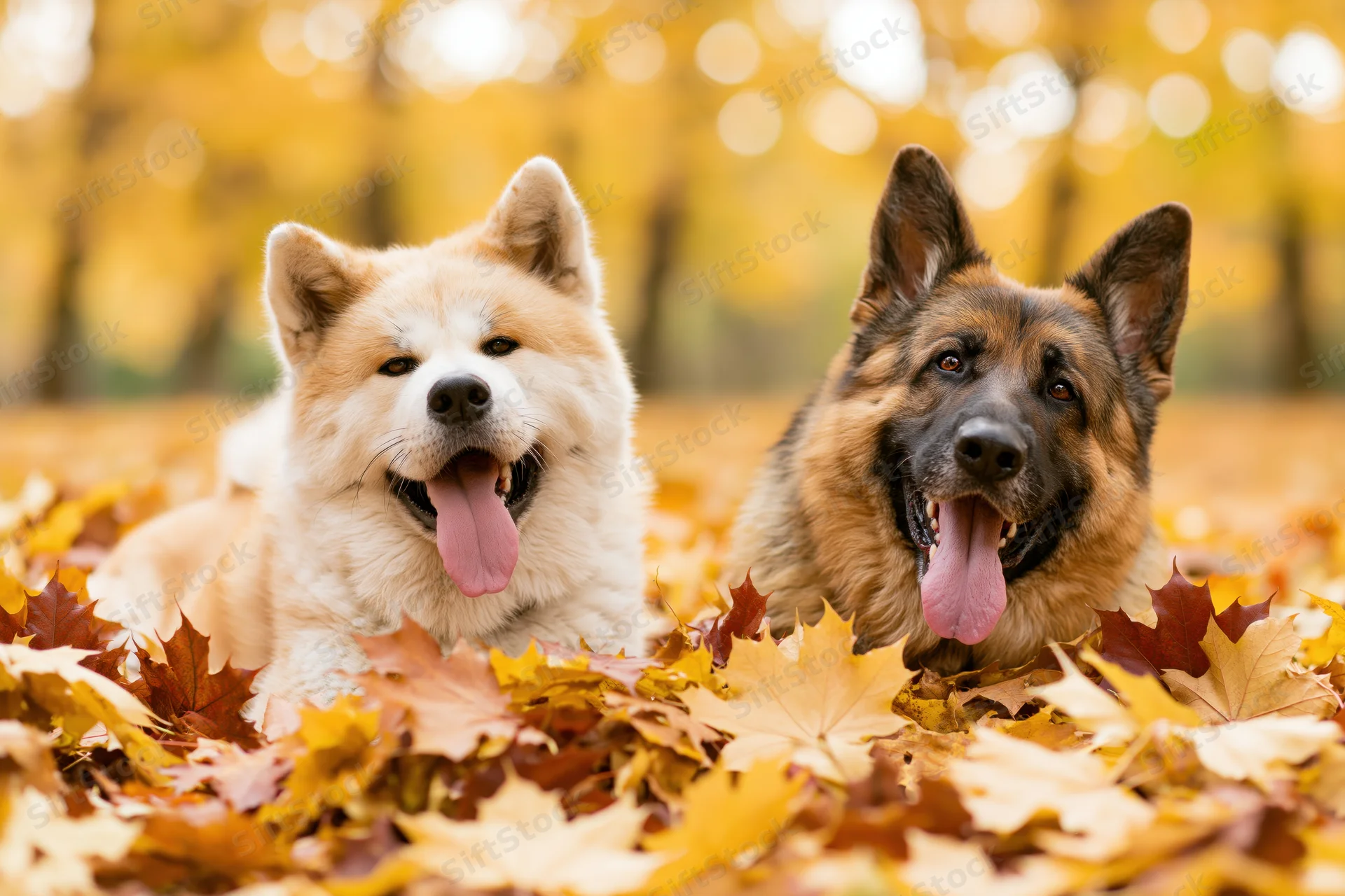 Two dogs lying side by side in autumn leaves in a park