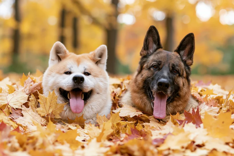 Two dogs lying side by side in autumn leaves in a park