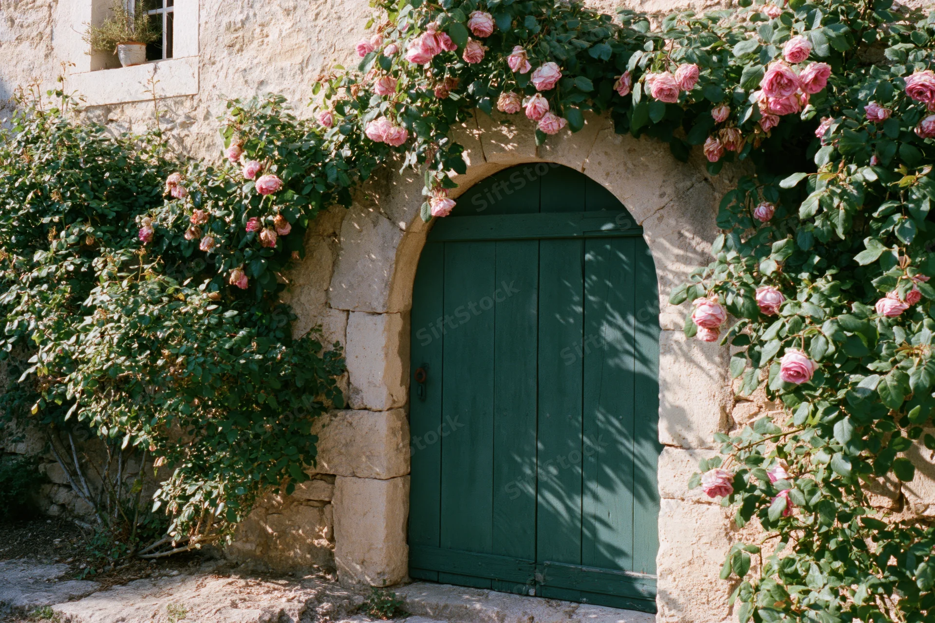 Arched green wooden door set into weathered stone wall with climbing pink roses