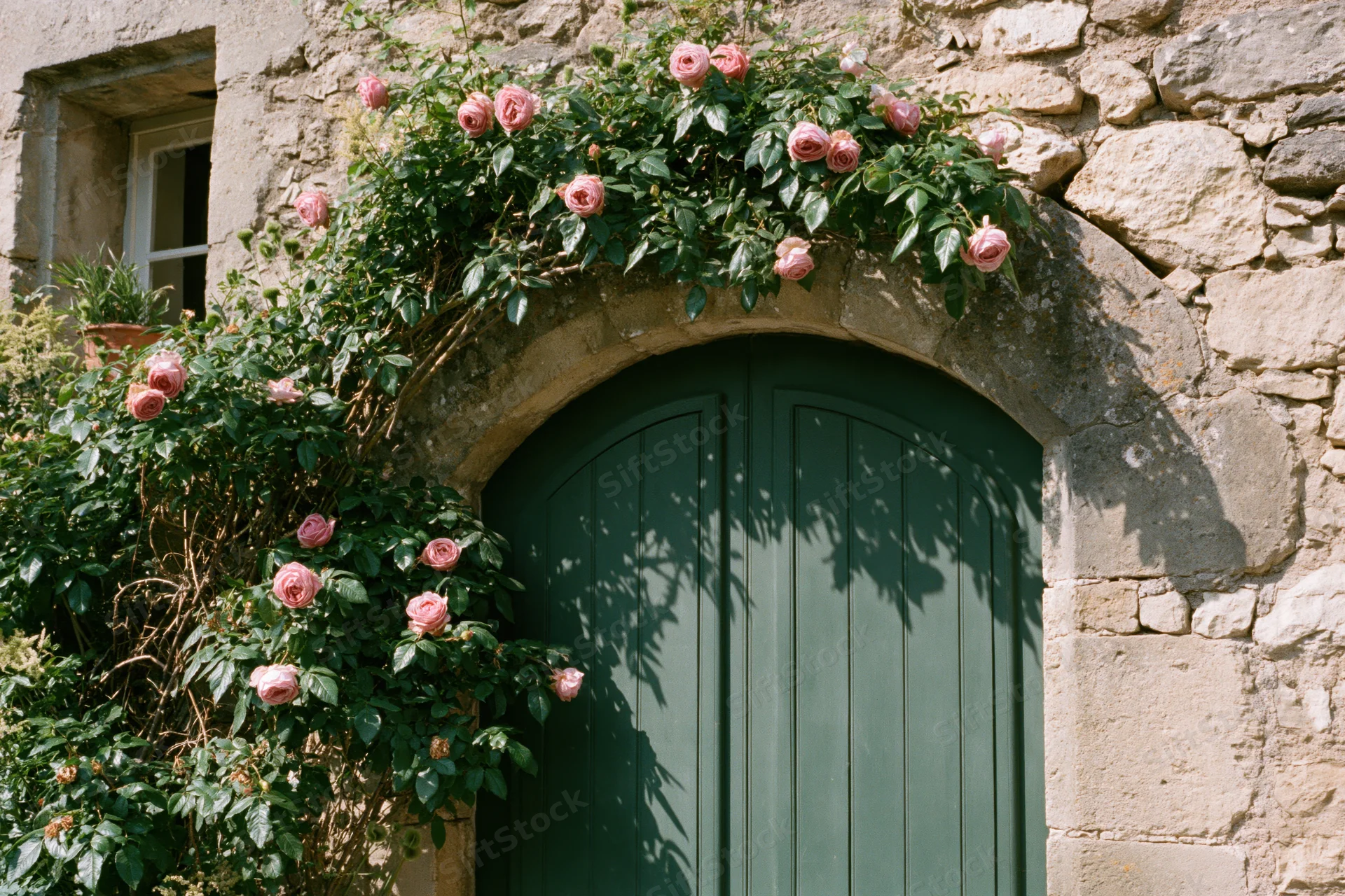 Arched green wooden door framed by pink roses climbing a weathered stone wall