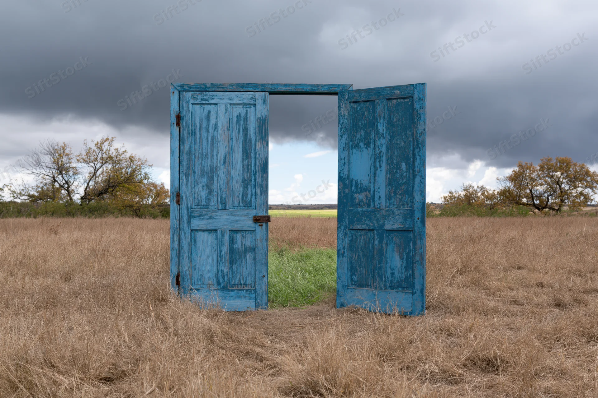 Weathered blue wooden double door open in a dry grass field under cloudy sky