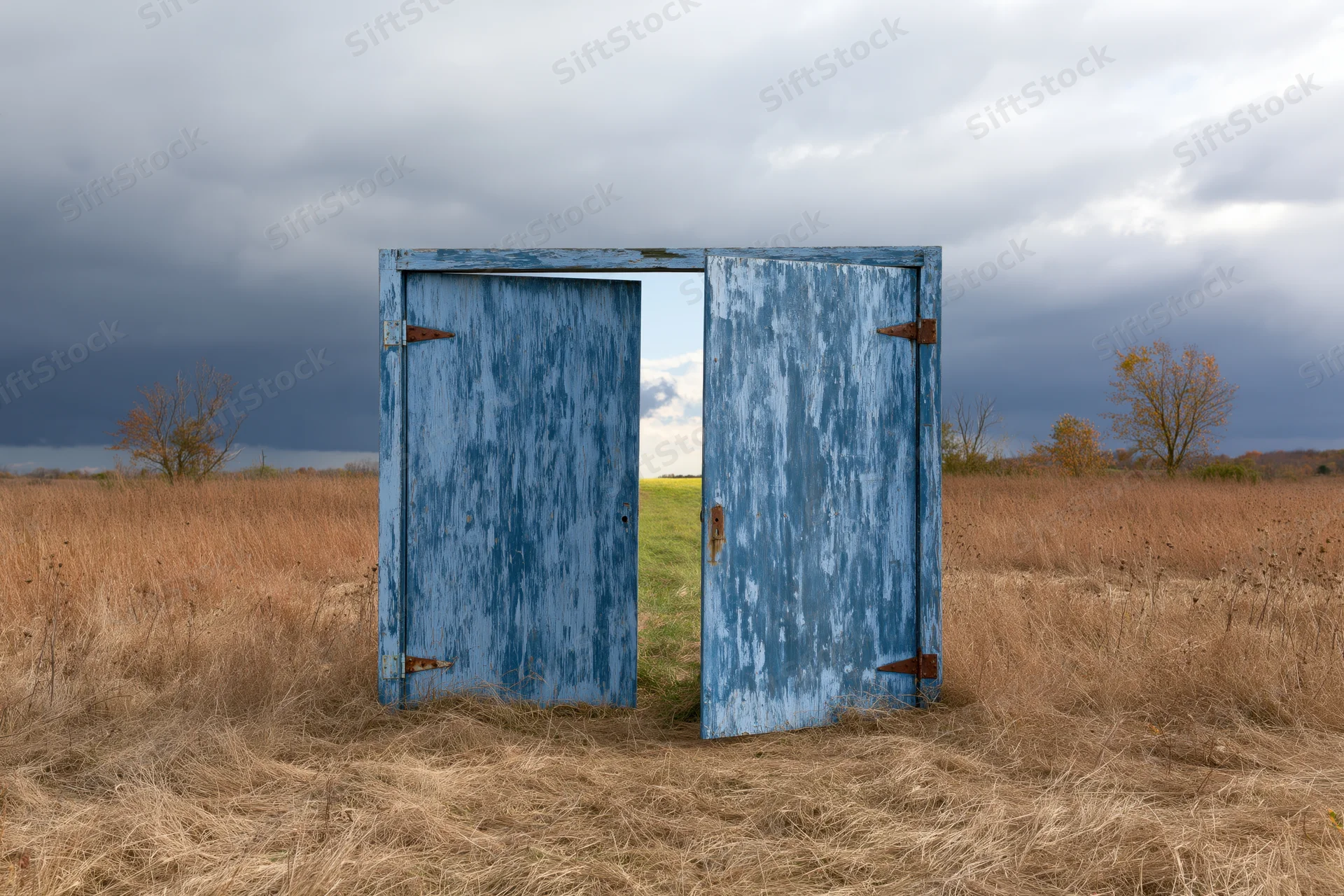 Open weathered blue wooden double door in a dry grass field under cloudy sky