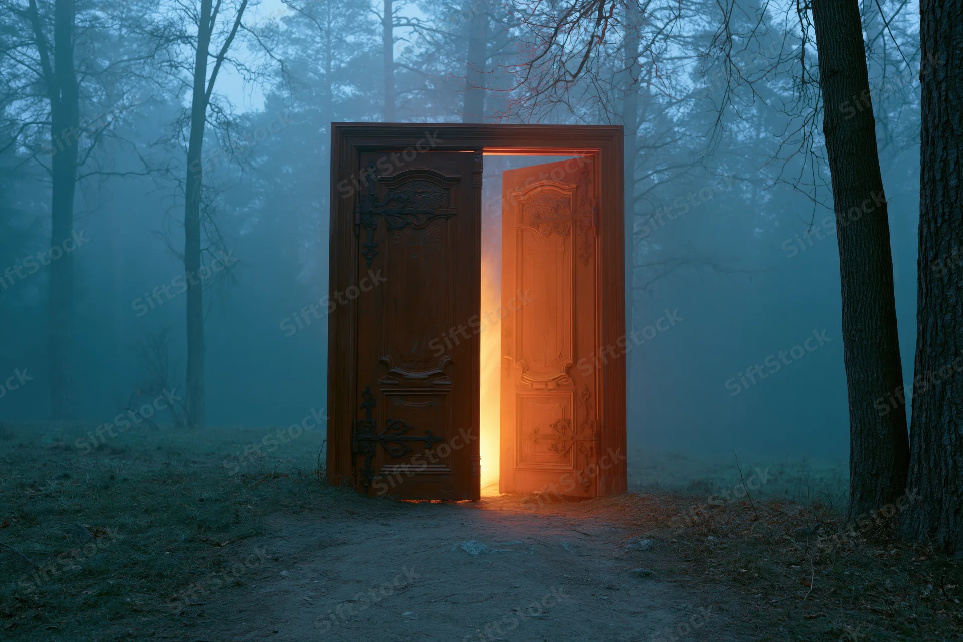 Ornate wooden double door open in misty forest with warm light glowing from within