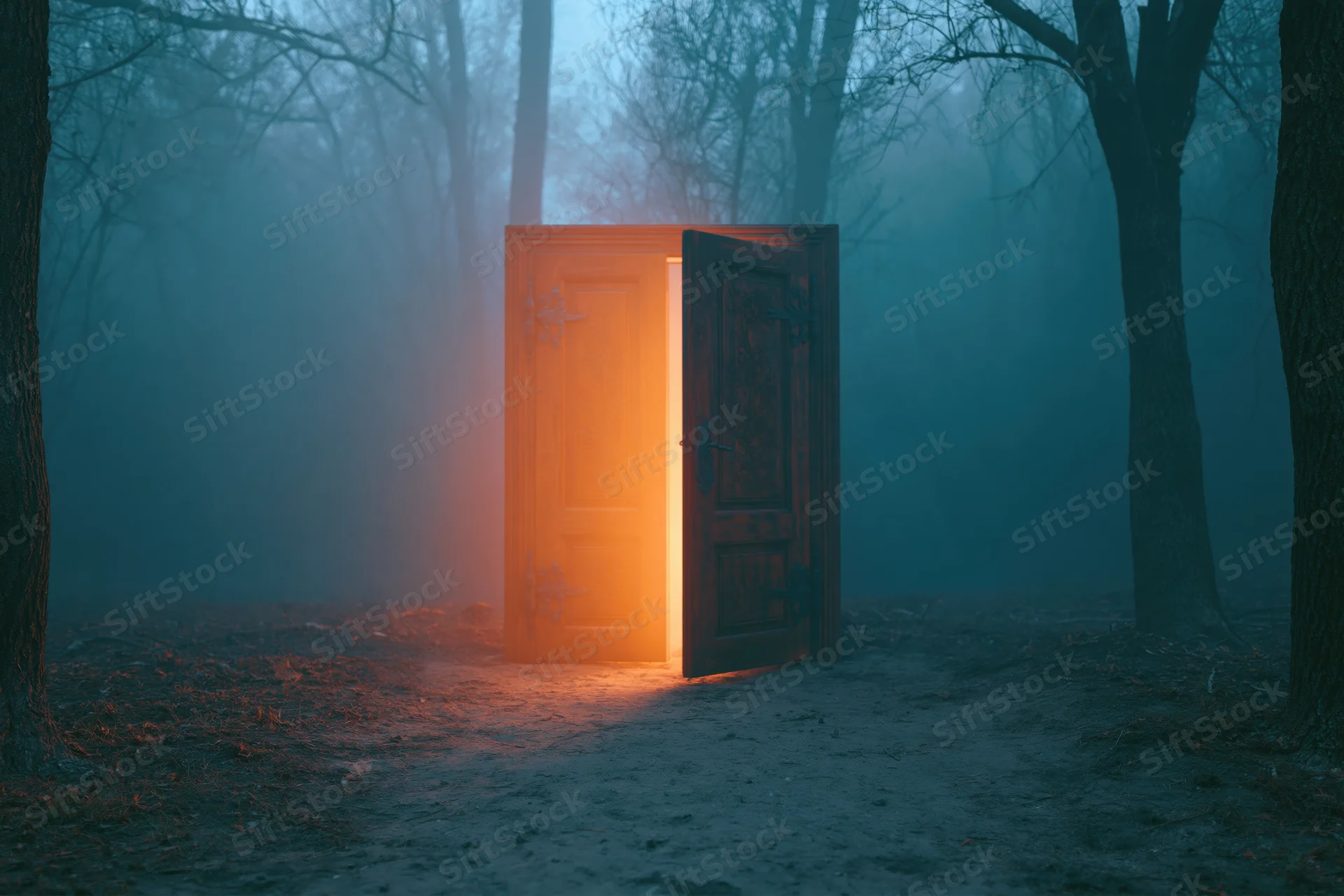 Ornate wooden double door open in misty forest with warm light glowing from within