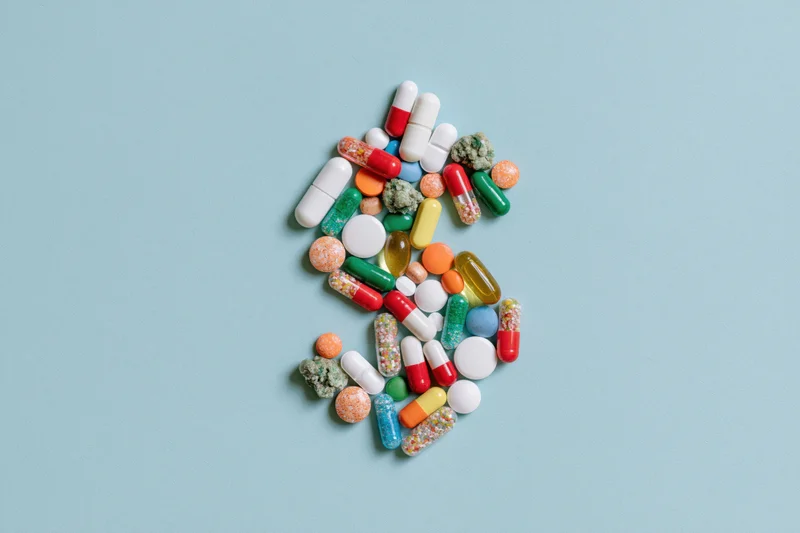 Colorful pills and capsules arranged in a dollar sign shape on a light blue background