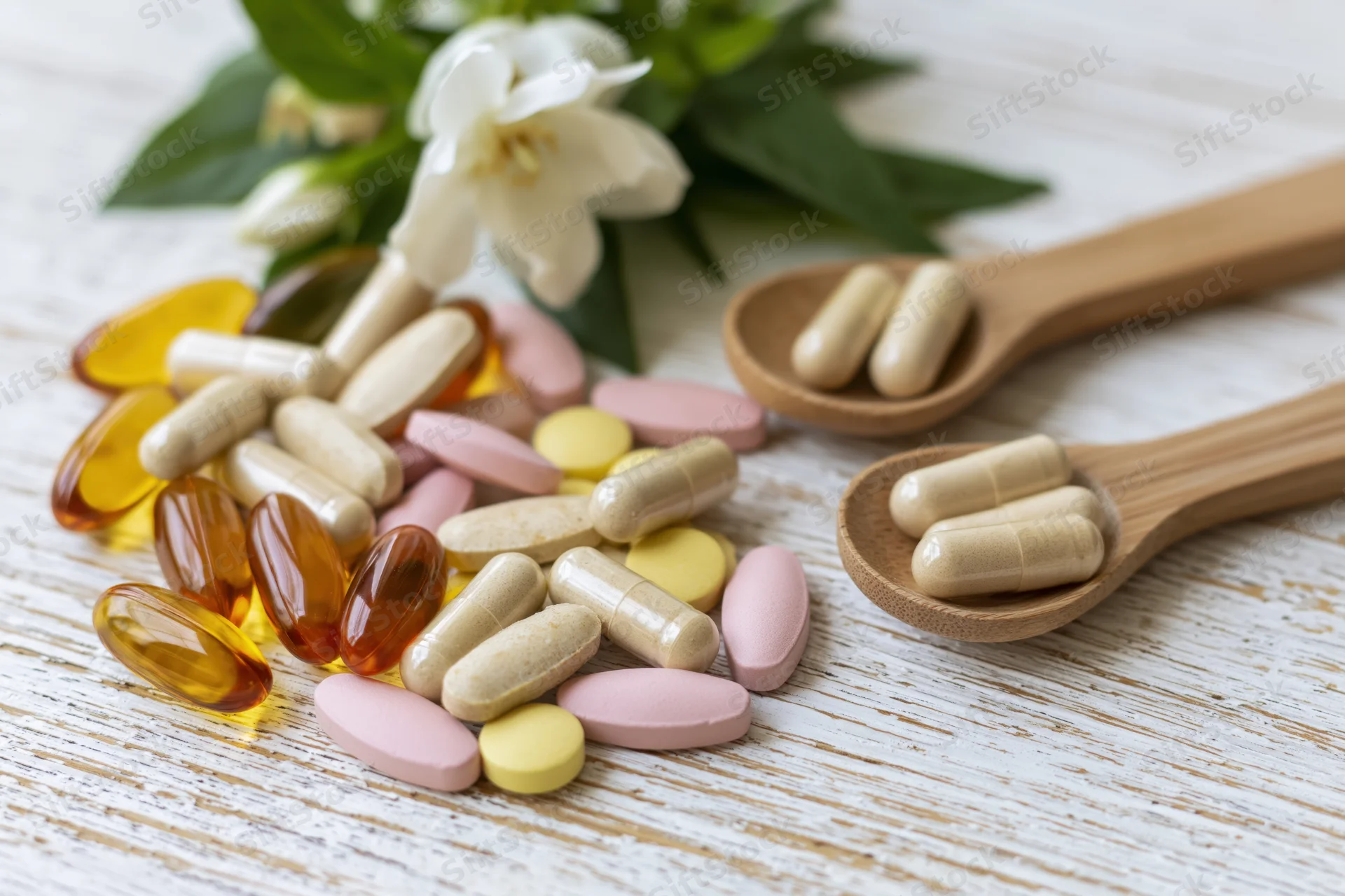 Assorted dietary supplements and vitamins arranged with flowers and wooden spoons on a white wooden surface