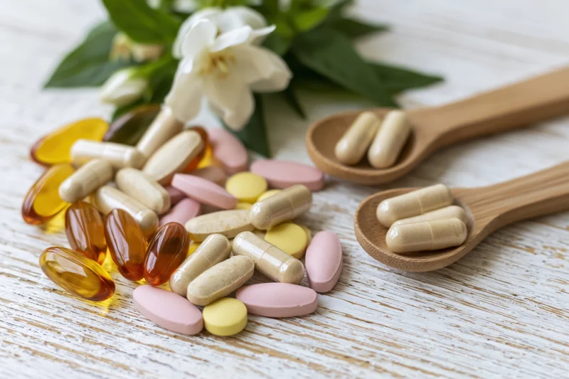Assorted dietary supplements and vitamins arranged with flowers and wooden spoons on a white wooden surface