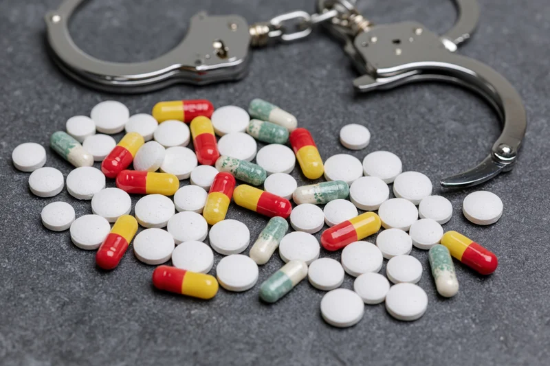 Assorted pills and capsules scattered near metal handcuffs on dark surface