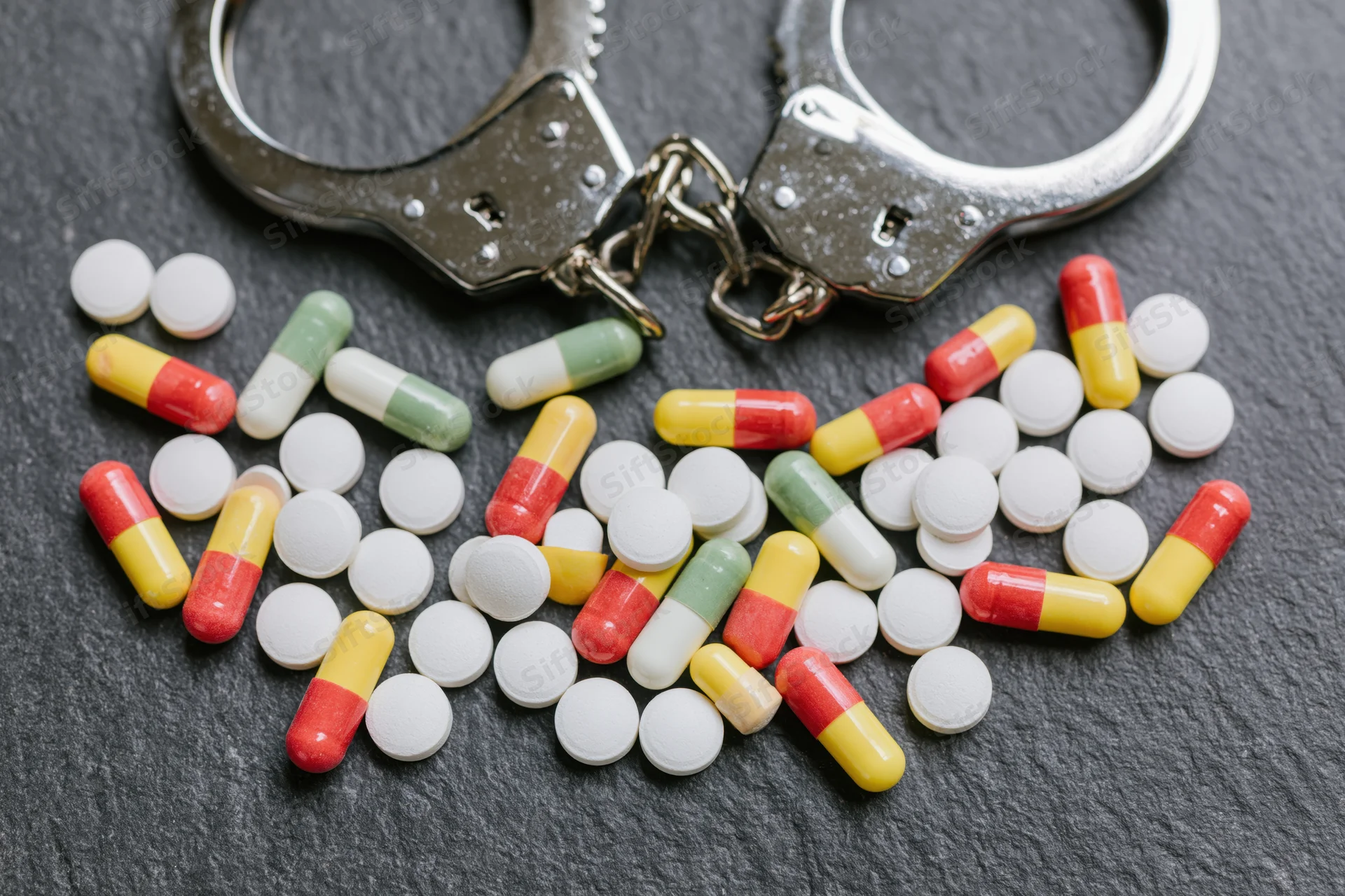 Assorted pills and capsules scattered near metal handcuffs on dark surface
