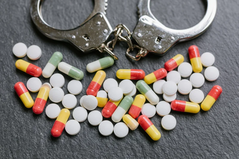 Assorted pills and capsules scattered near metal handcuffs on dark surface