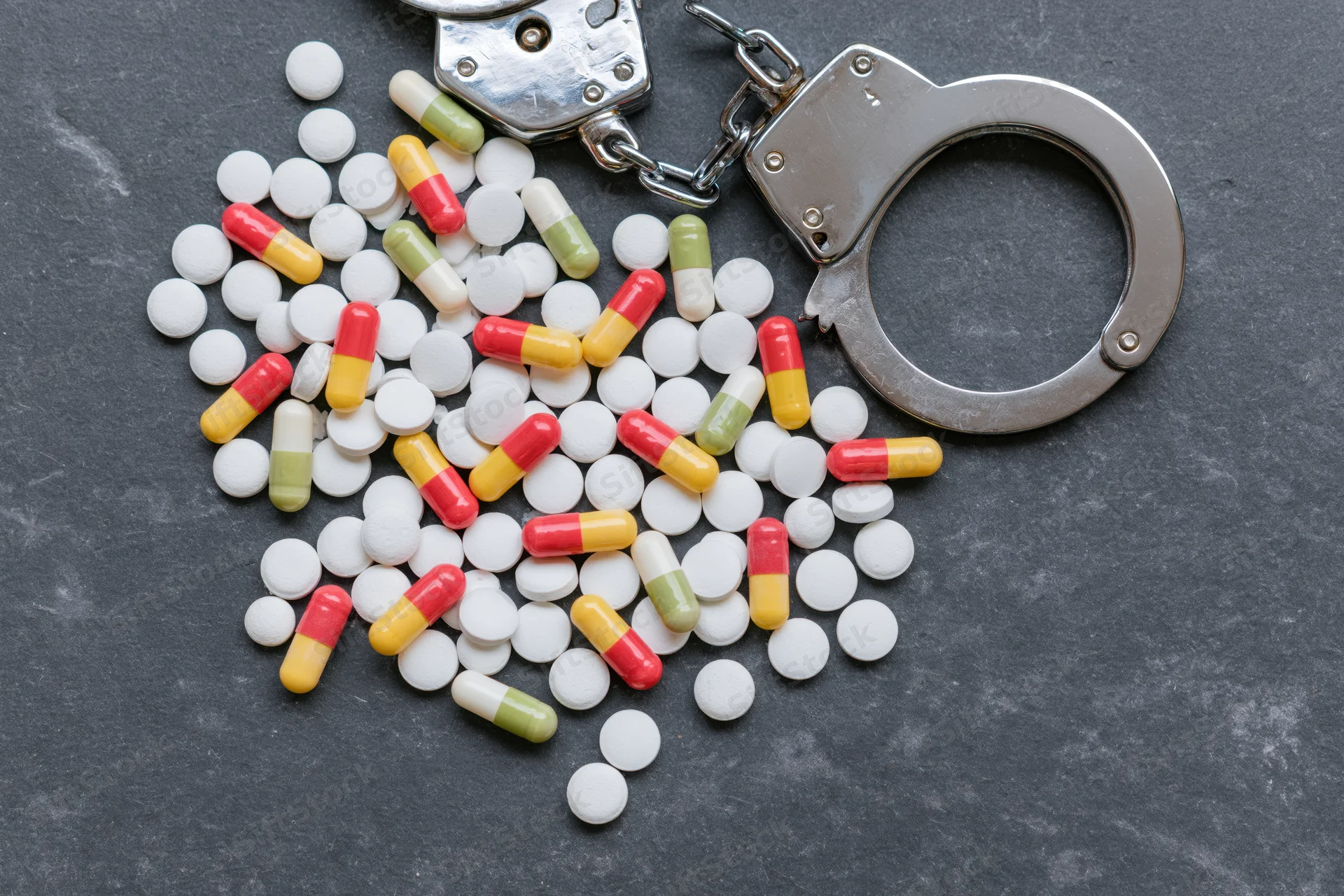 Scattered pills and capsules with handcuffs on dark surface