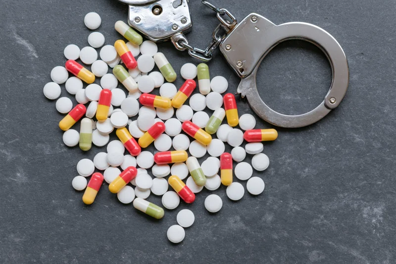 Scattered pills and capsules with handcuffs on dark surface